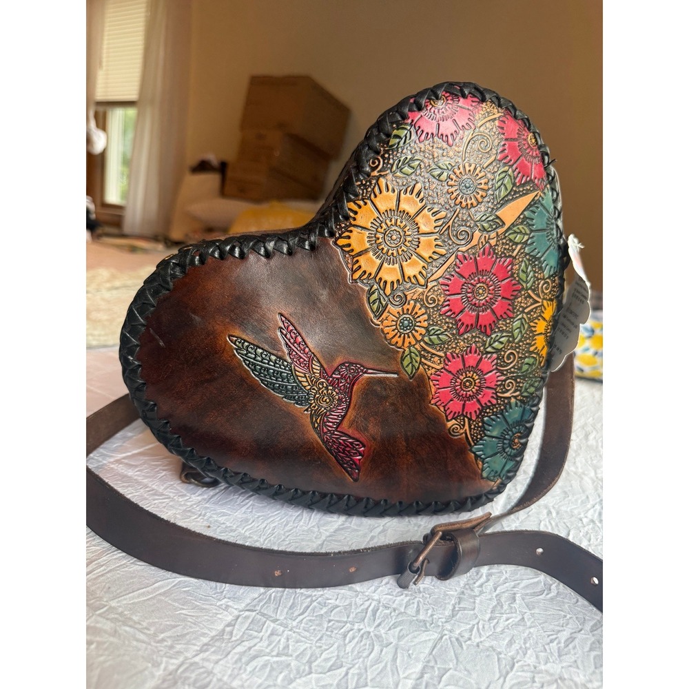 Handmade Mexican Leather Heart Crossbody Bag Hummingbird Floral Tooled Brown